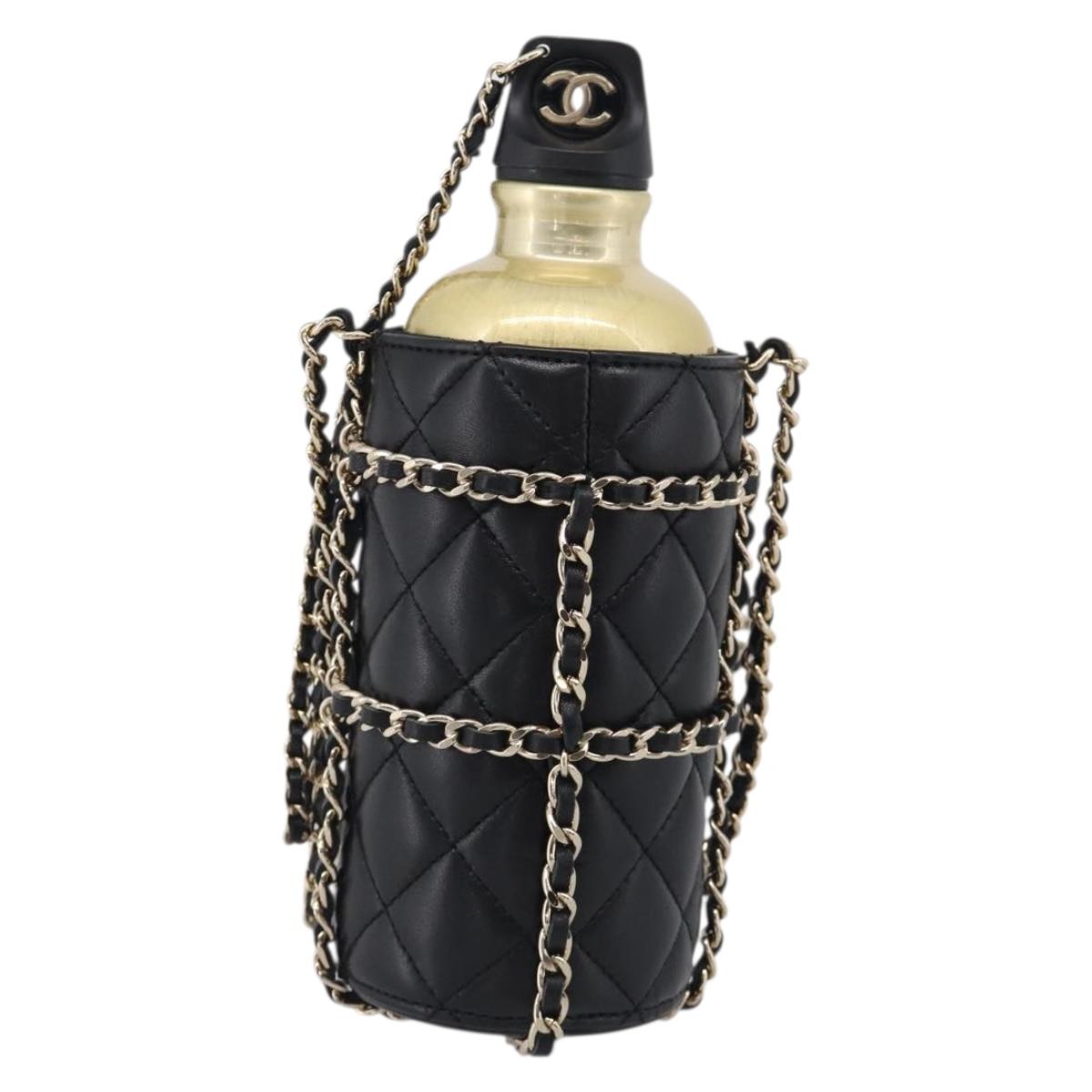 CHANEL COCO Mark Quilted Water Bottle Leather Black Gold CC Auth 212714SM