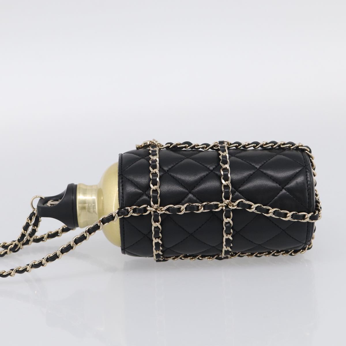 CHANEL COCO Mark Quilted Water Bottle Leather Black Gold CC Auth 212714SM
