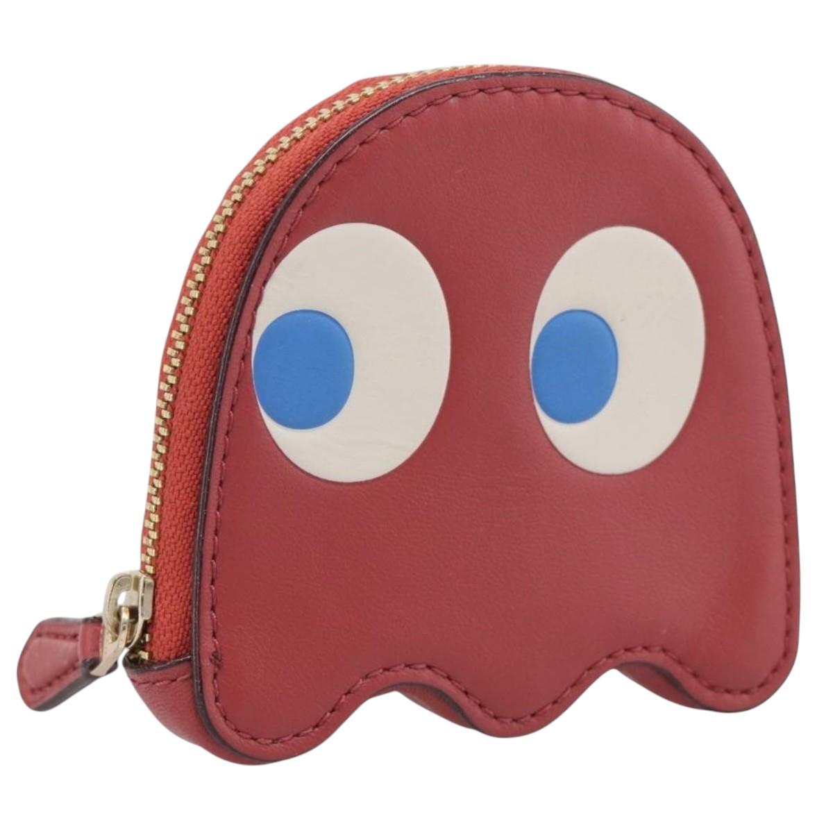 Coach x PAC MAN Coin Purse Leather Red Gold Auth 212718M
