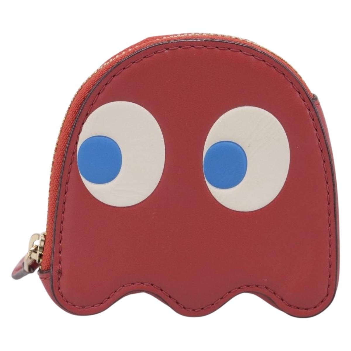 Coach x PAC MAN Coin Purse Leather Red Gold Auth 212718M