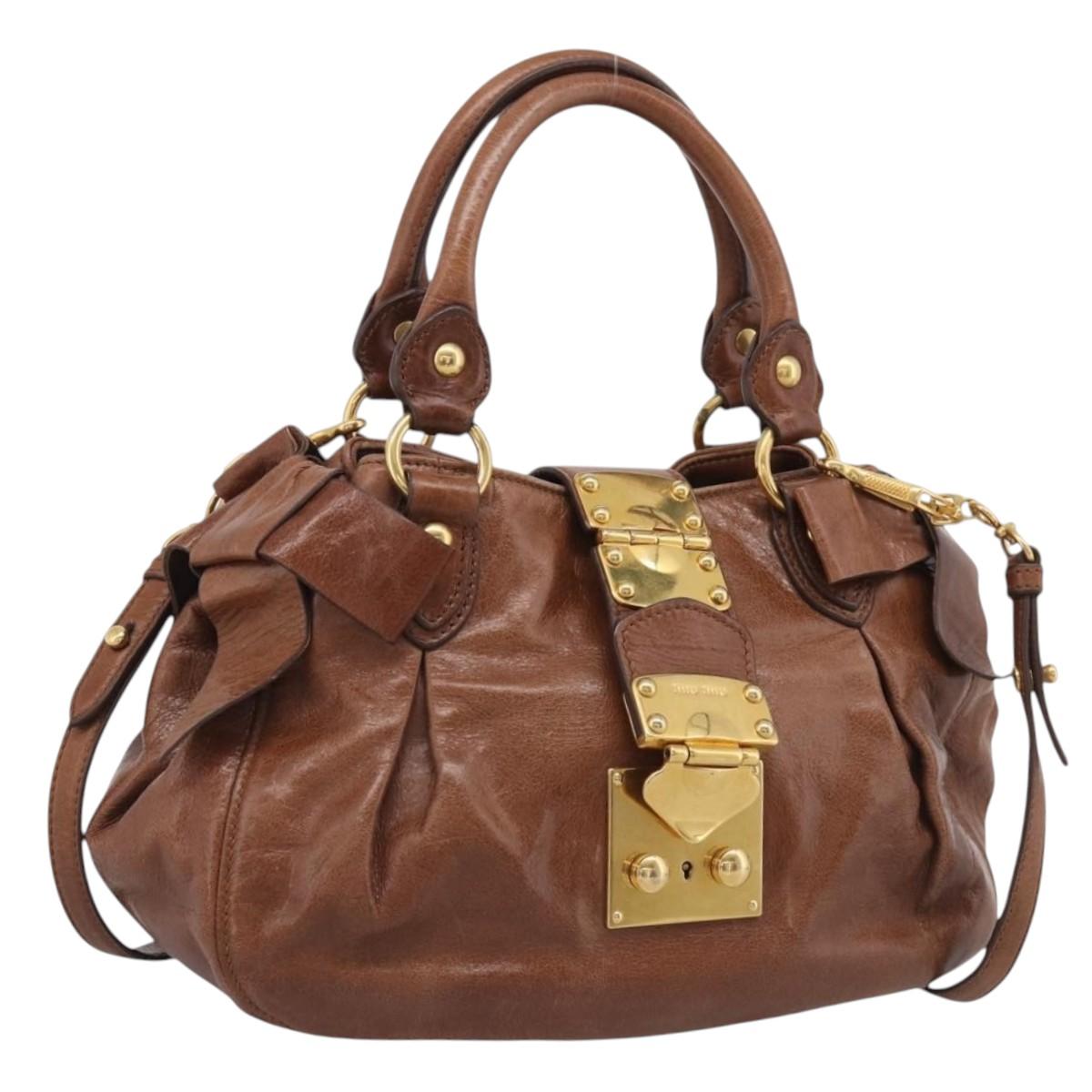 Miu Miu Hand Bag Leather 2way Brown Gold Auth 212725M