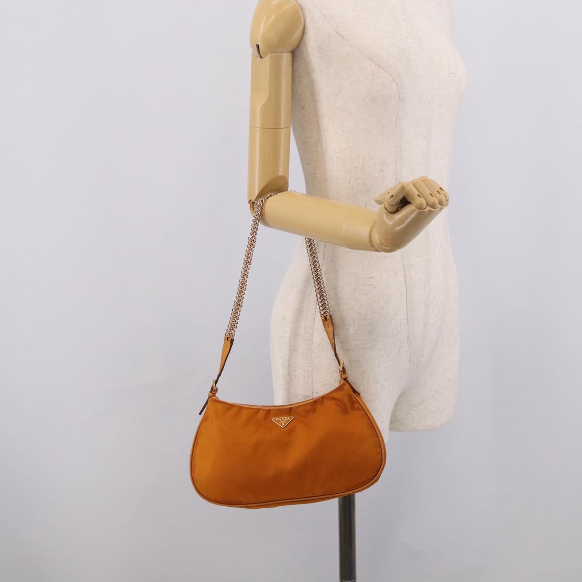 PRADA Chain Shoulder Bag Nylon Orange Gold Auth 212793V