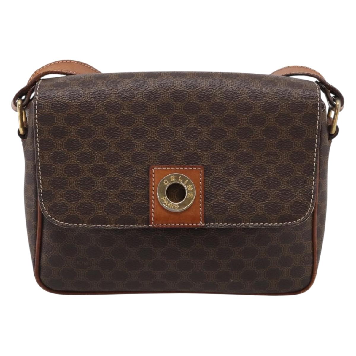 CELINE Macadam Canvas Shoulder Bag PVC Leather Brown Gold Auth 212935