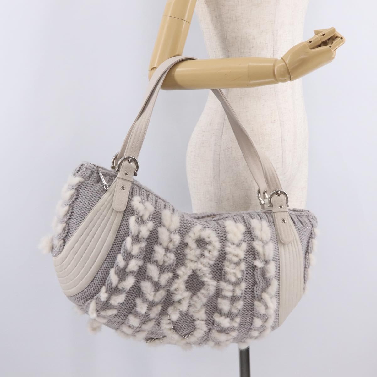 Salvatore Ferragamo Shoulder Bag Wool Knitted Fabrics Gray Silver Auth 212936V