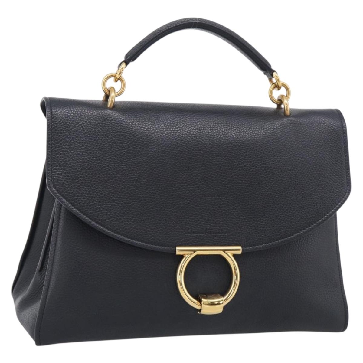 Salvatore Ferragamo Margot Hand Bag Leather 2way Black Gold Auth 212942V