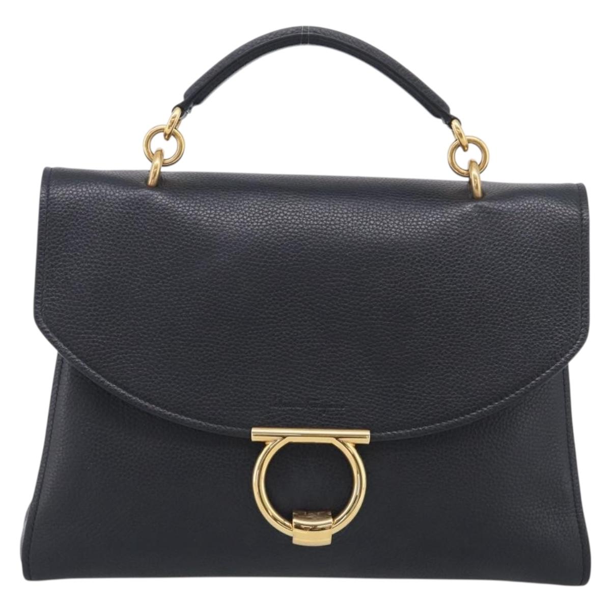 Salvatore Ferragamo Margot Hand Bag Leather 2way Black Gold Auth 212942V