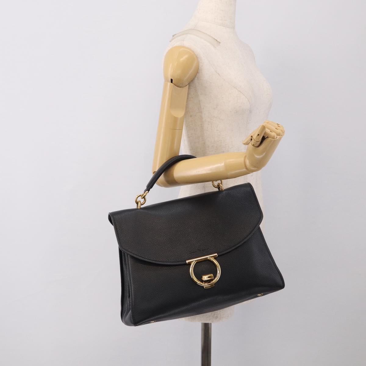 Salvatore Ferragamo Margot Hand Bag Leather 2way Black Gold Auth 212942V