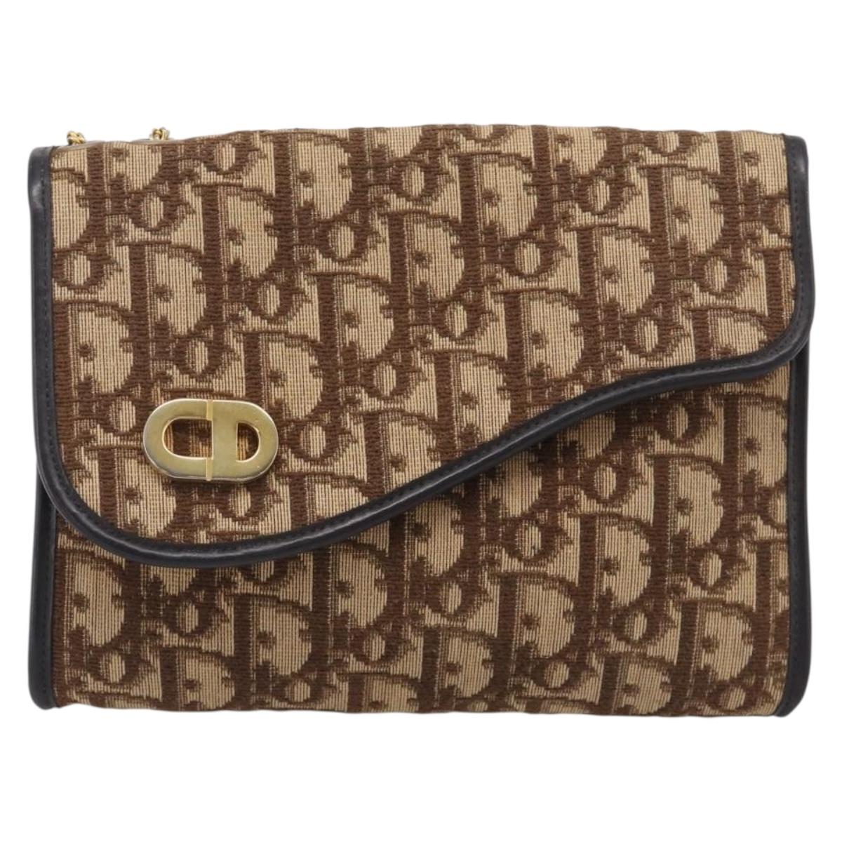 Christian Dior Trotter Canvas Chain Shoulder Bag Brown Gold Auth 212948