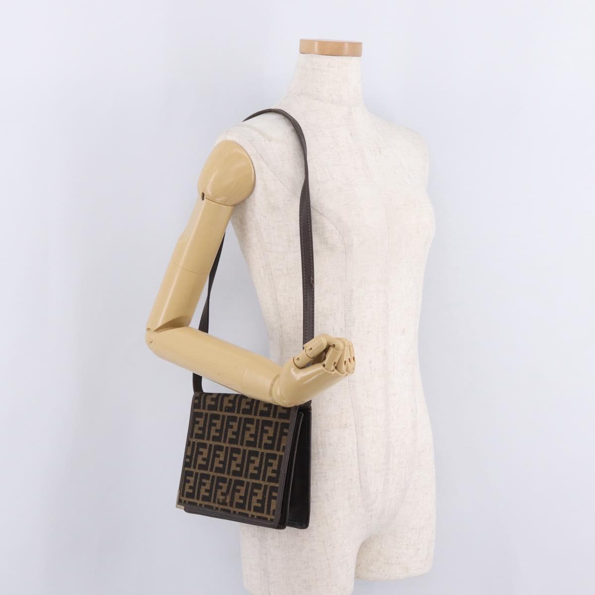FENDI Zucca Canvas Shoulder Bag Brown Black Auth 212950