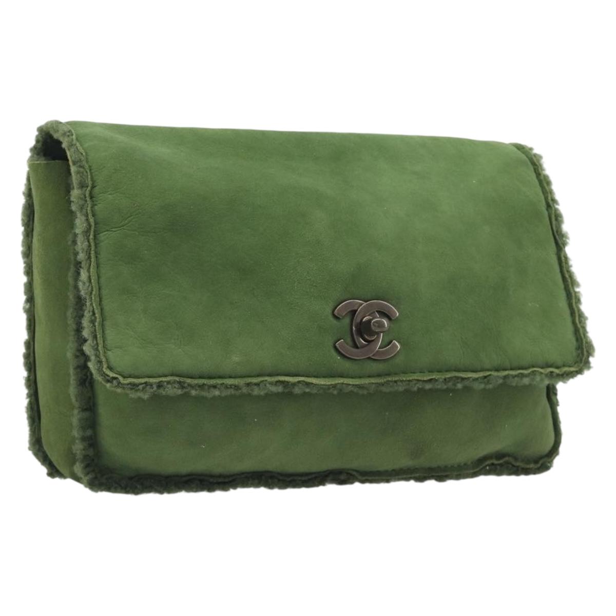 CHANEL Clutch Bag Mouton Green Silver CC Auth 212954V