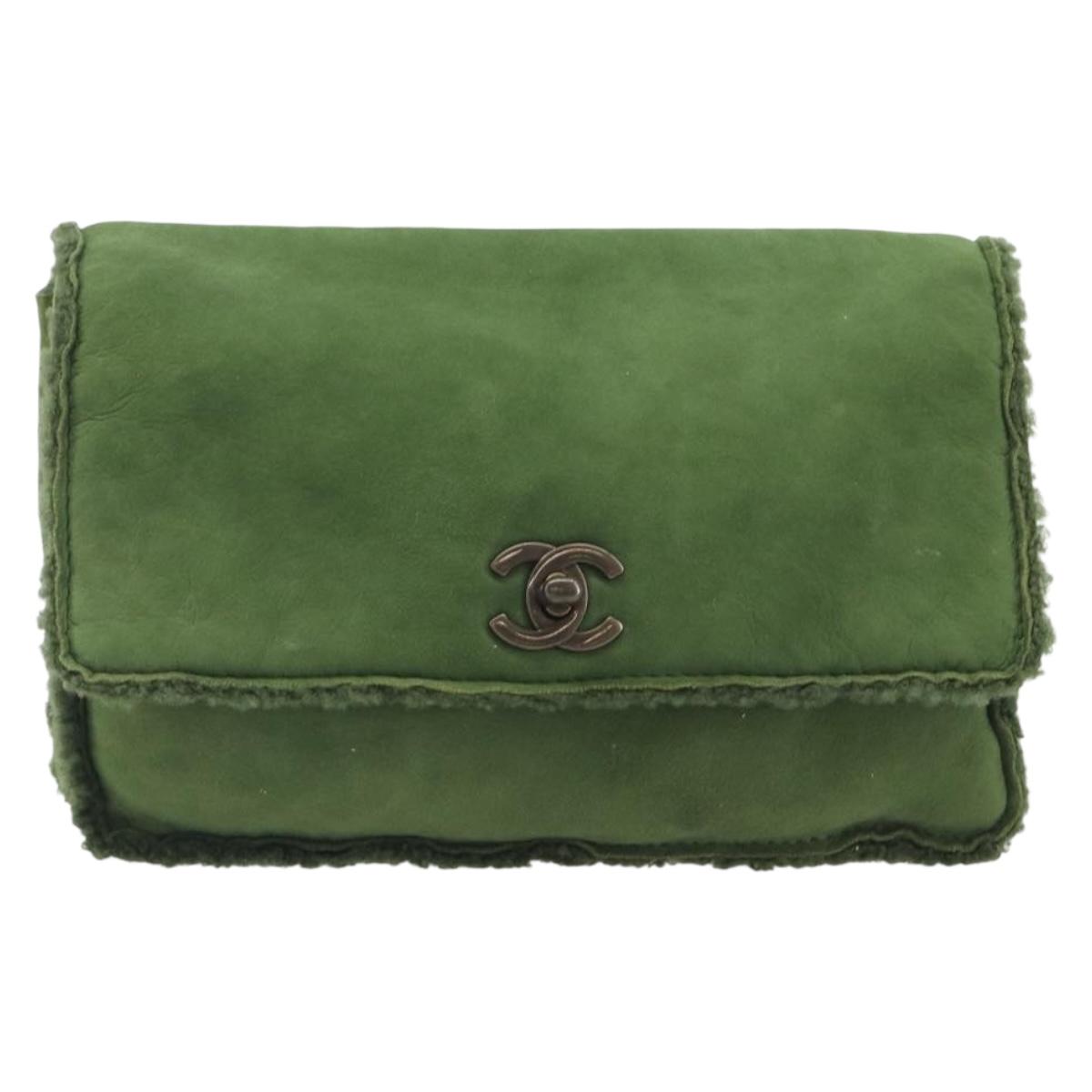 CHANEL Clutch Bag Mouton Green Silver CC Auth 212954V