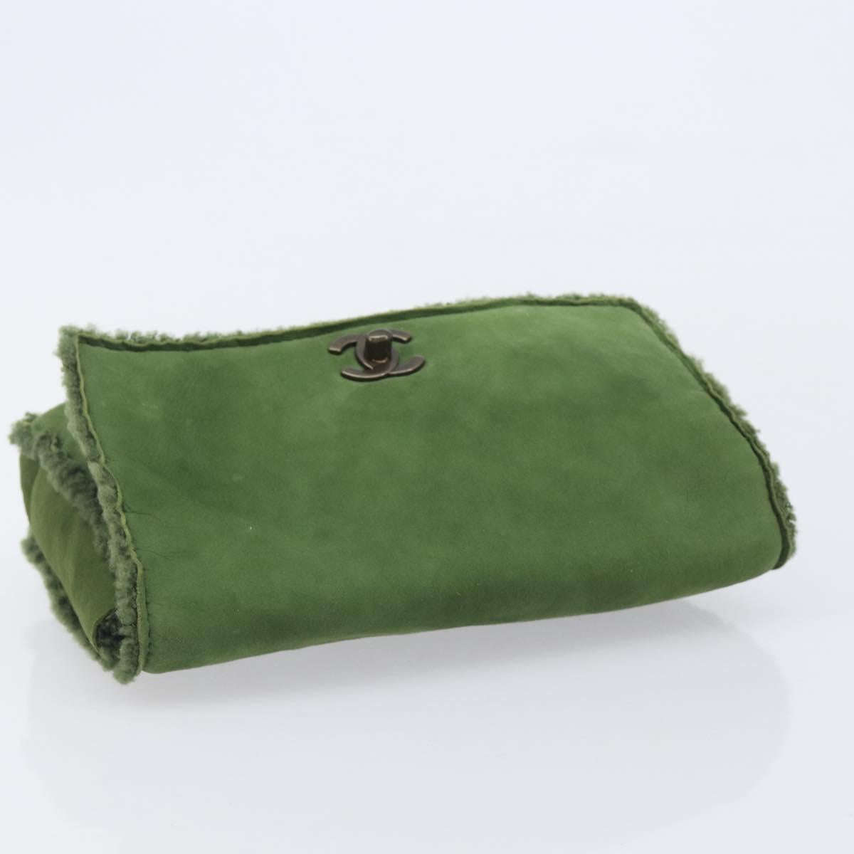 CHANEL Clutch Bag Mouton Green Silver CC Auth 212954V