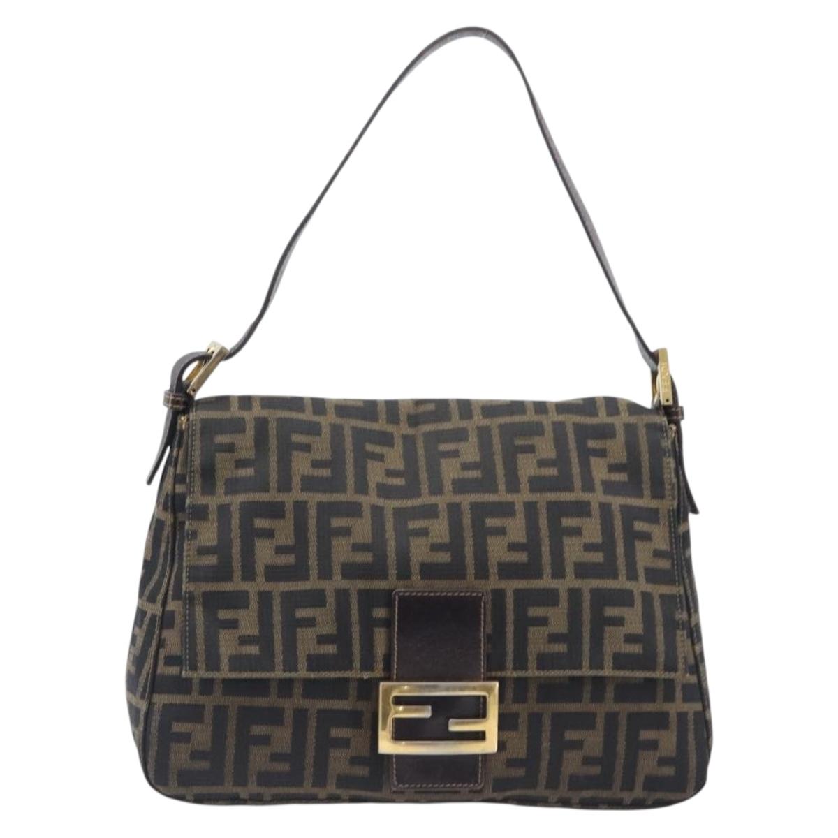 FENDI Zucca Canvas Mamma Baguette Shoulder Bag Brown Black Auth 212955A
