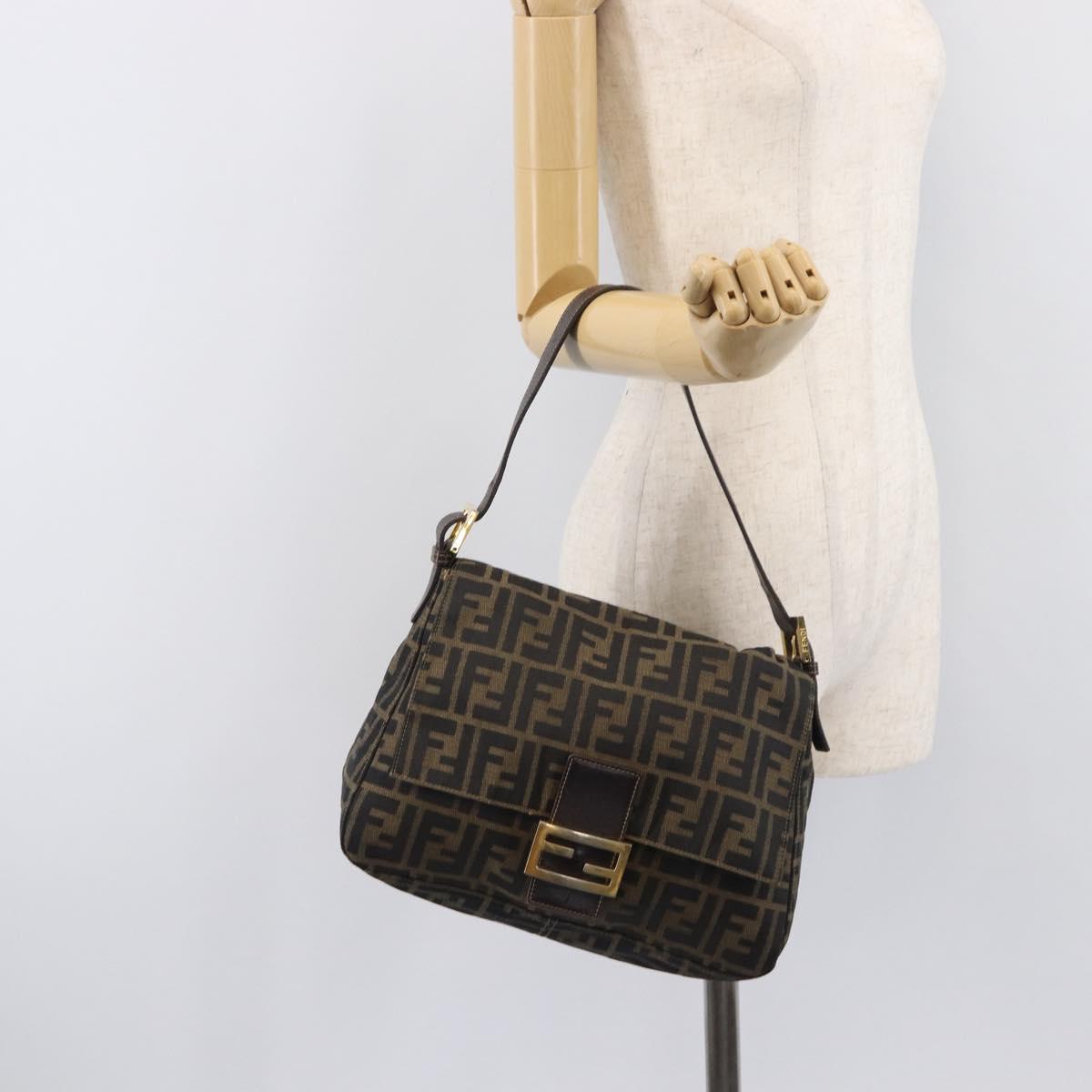 FENDI Zucca Canvas Mamma Baguette Shoulder Bag Brown Black Auth 212955A