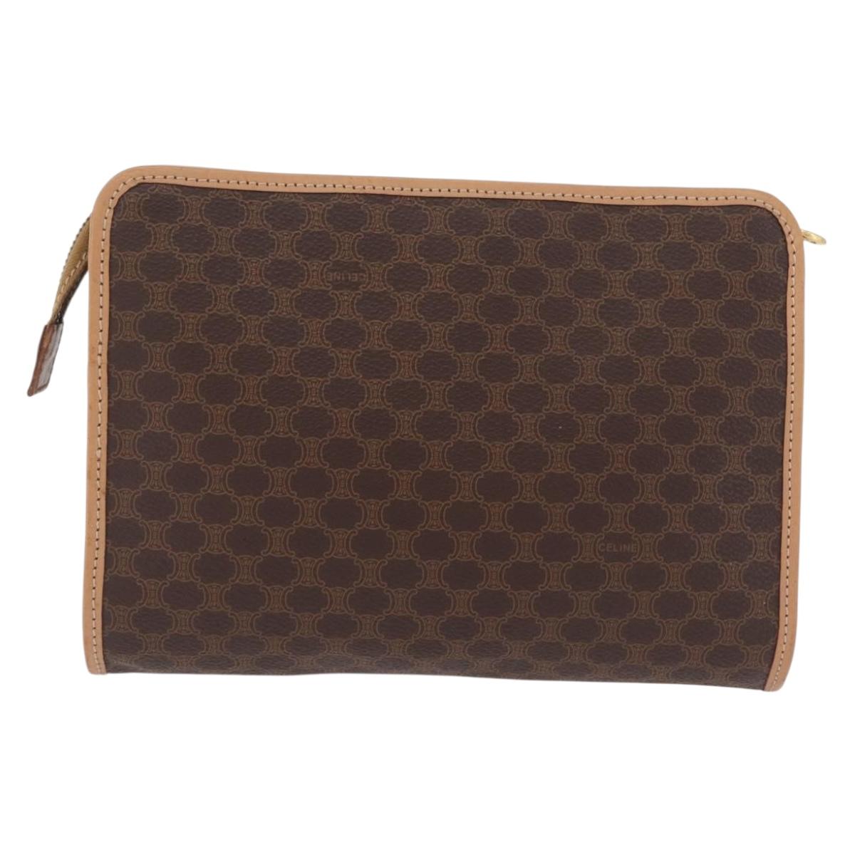 CELINE Macadam Canvas Clutch Bag PVC Leather Brown Gold Auth 213004A