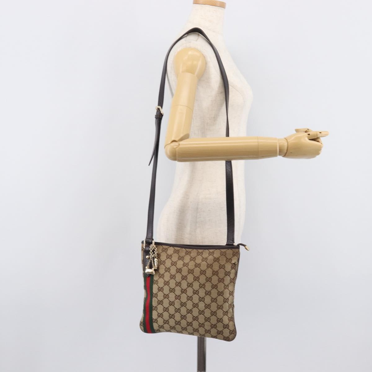 GUCCI GG Canvas Web Sherry Line Shoulder Bag Beige Gold 144388 Auth 213011A