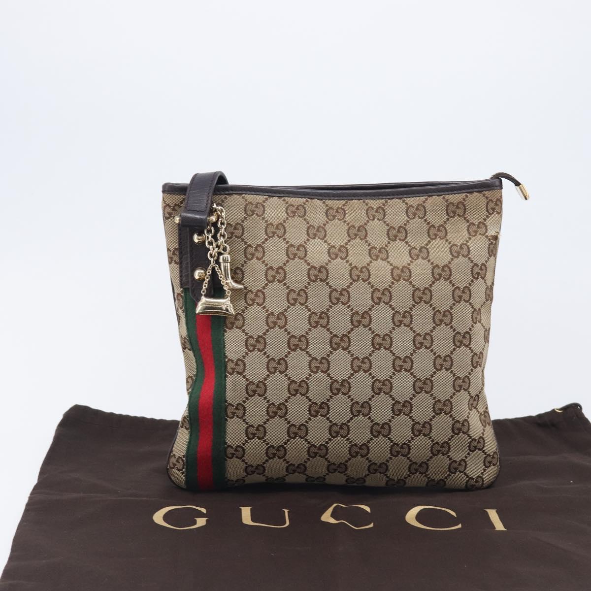 GUCCI GG Canvas Web Sherry Line Shoulder Bag Beige Gold 144388 Auth 213011A