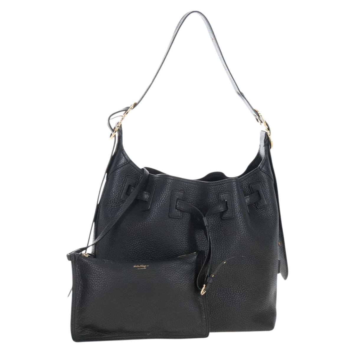 Salvatore Ferragamo Gancini Shoulder Bag Leather Black Gold Auth 213016M