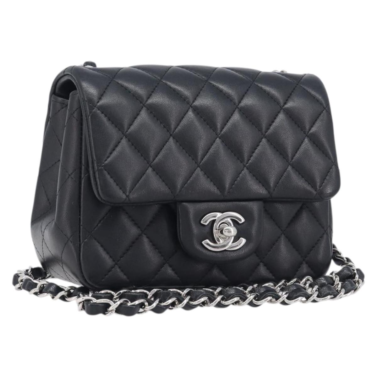 CHANEL Mini Matelasse 18 Chain Bag Lamb Skin Black Silver CC Auth 213019SM