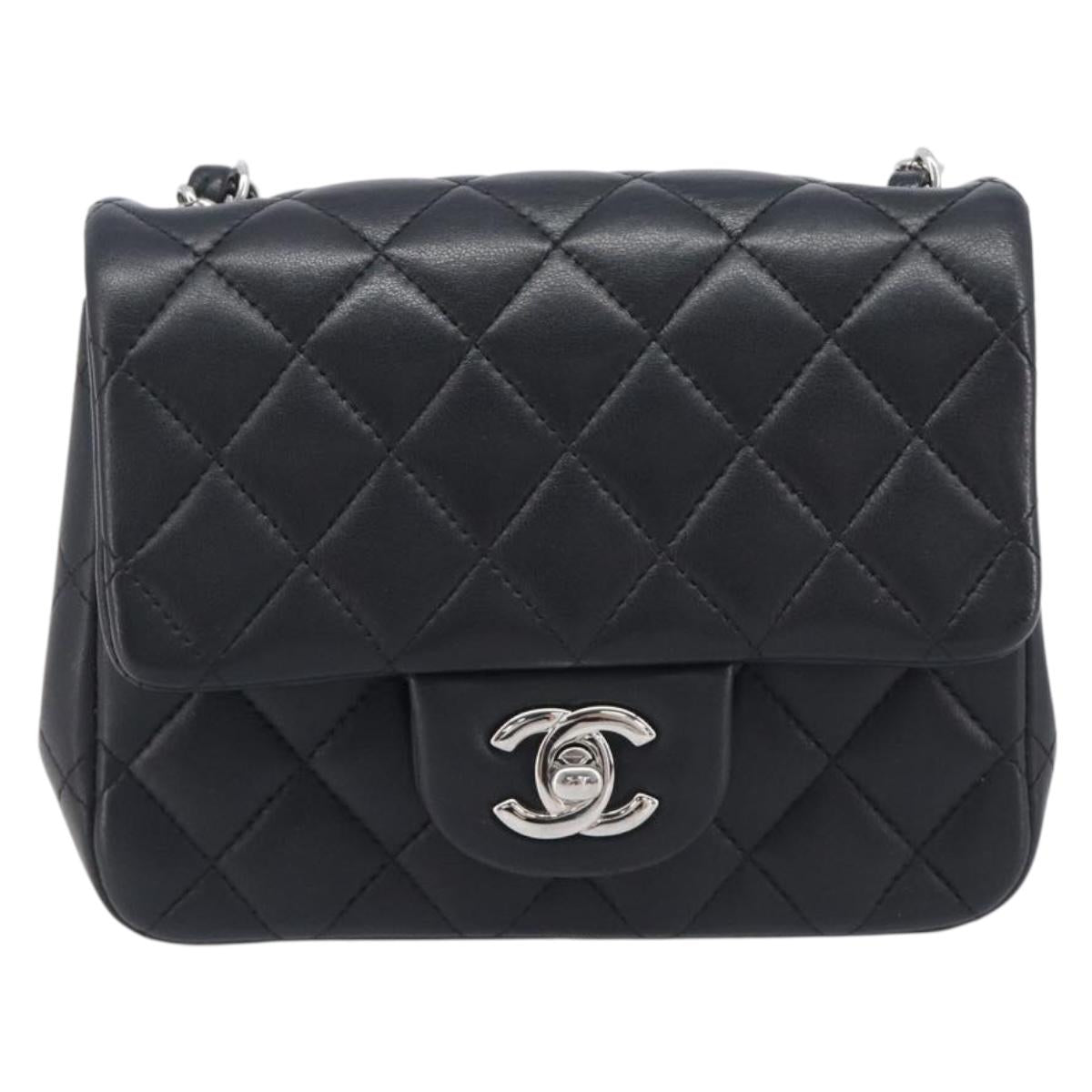 CHANEL Mini Matelasse 18 Chain Bag Lamb Skin Black Silver CC Auth 213019SM