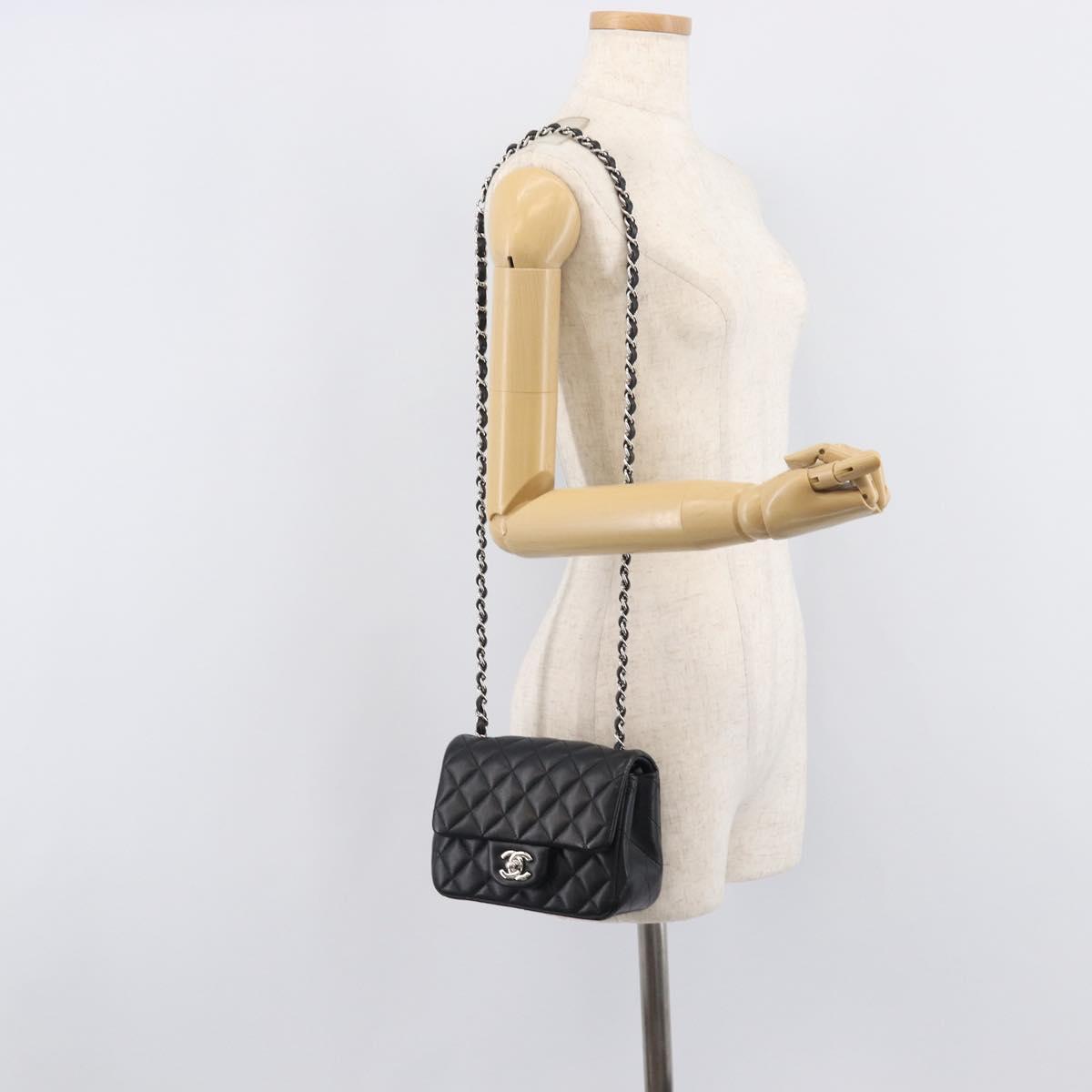 CHANEL Mini Matelasse 18 Chain Bag Lamb Skin Black Silver CC Auth 213019SM