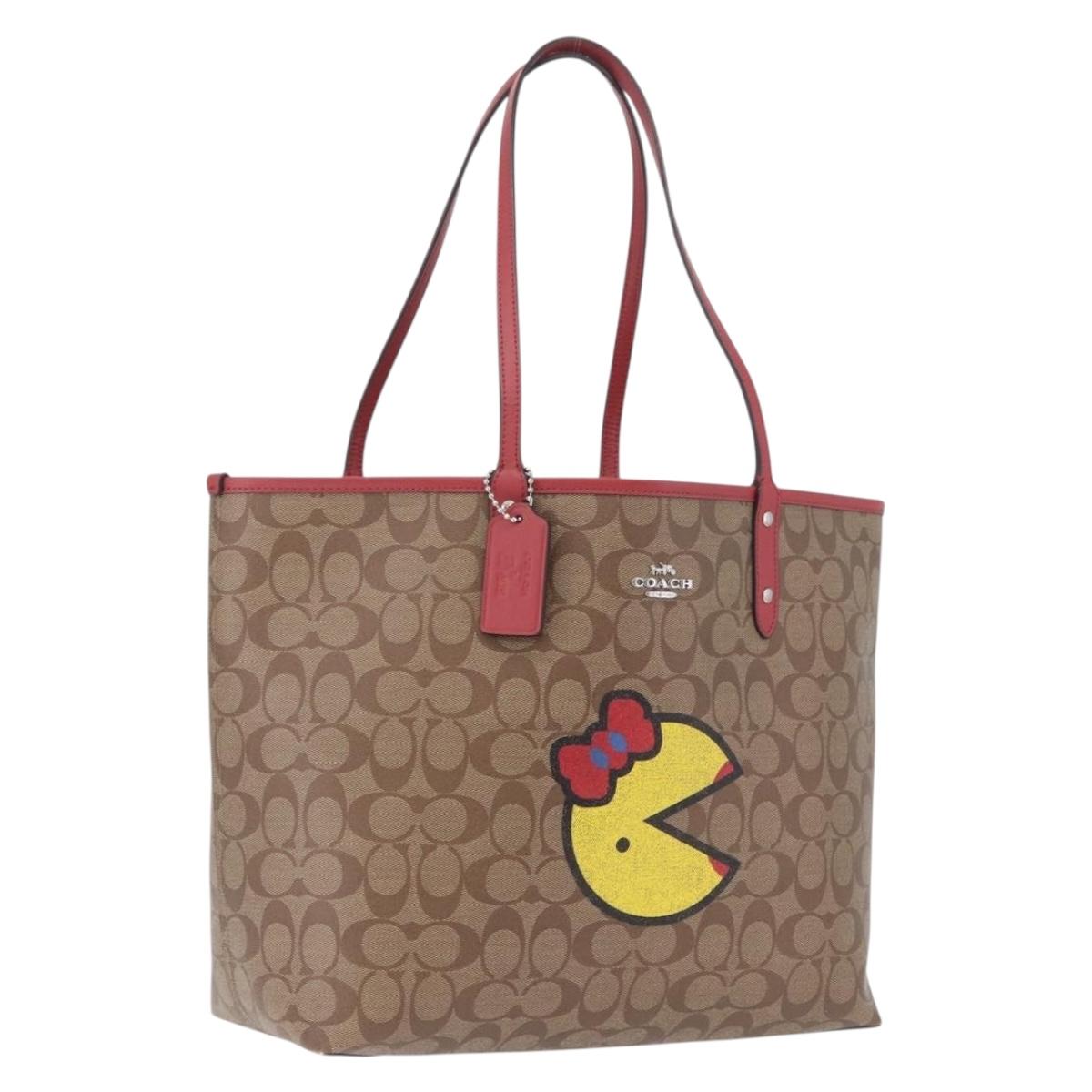 Coach Signature Tote Bag PVC Pac-Man Beige Silver Auth 213028M