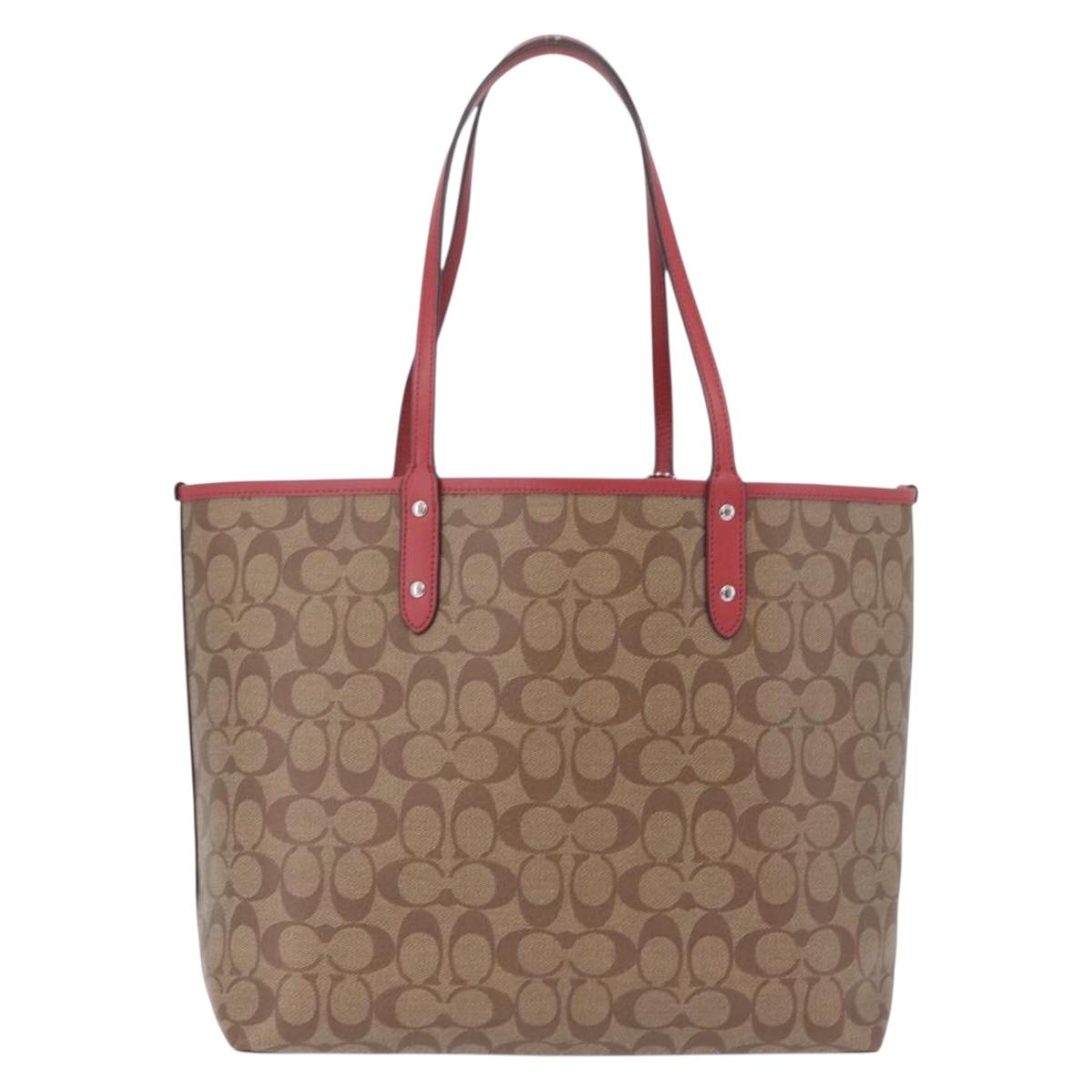 Coach Signature Tote Bag PVC Pac-Man Beige Silver Auth 213028M