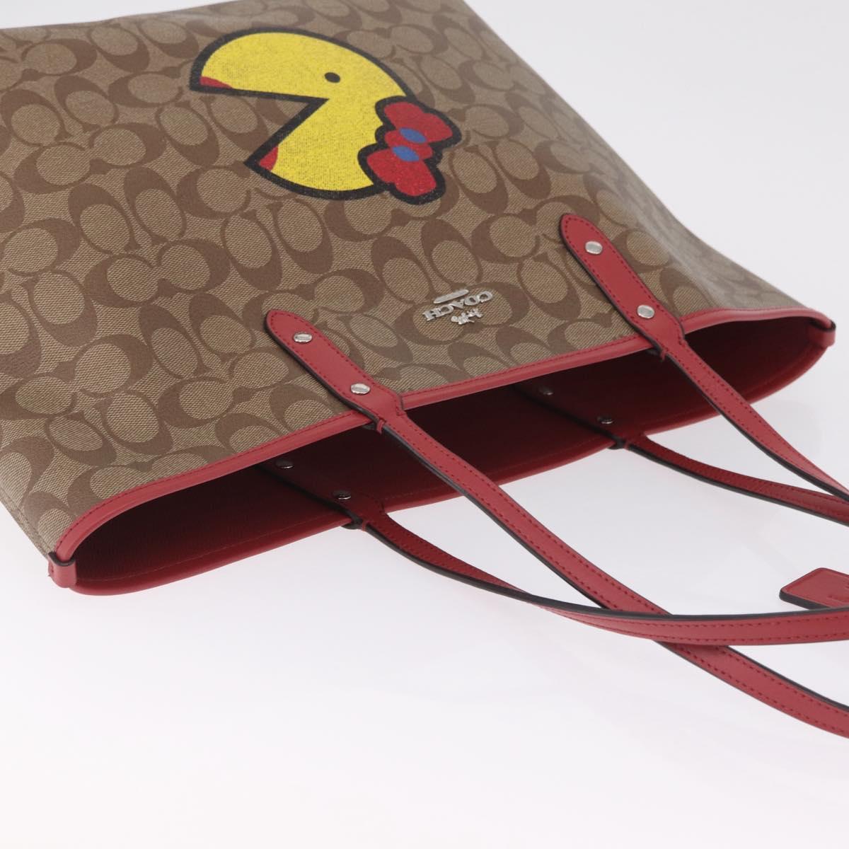 Coach Signature Tote Bag PVC Pac-Man Beige Silver Auth 213028M