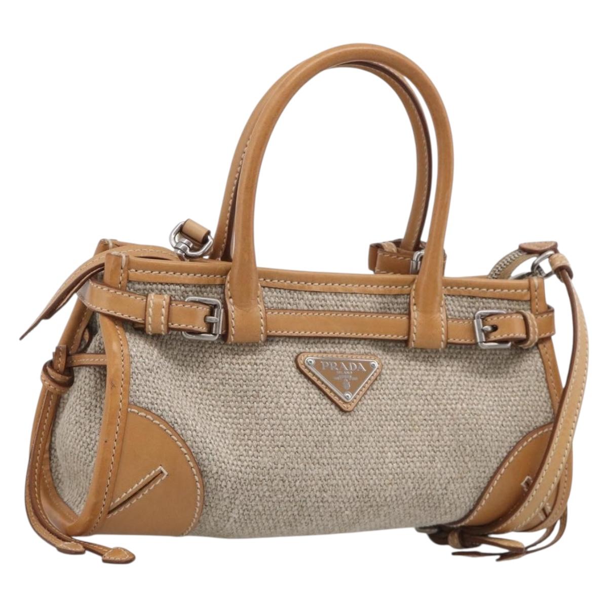 PRADA Bonnie Small Hand Bag Leather Linen 2way Beige Silver Auth 213036M