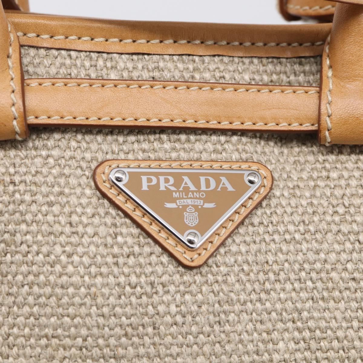 PRADA Bonnie Small Hand Bag Leather Linen 2way Beige Silver Auth 213036M