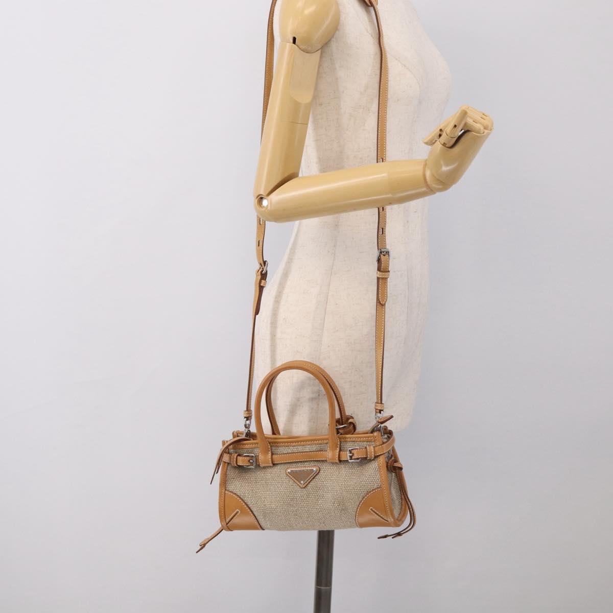 PRADA Bonnie Small Hand Bag Leather Linen 2way Beige Silver Auth 213036M