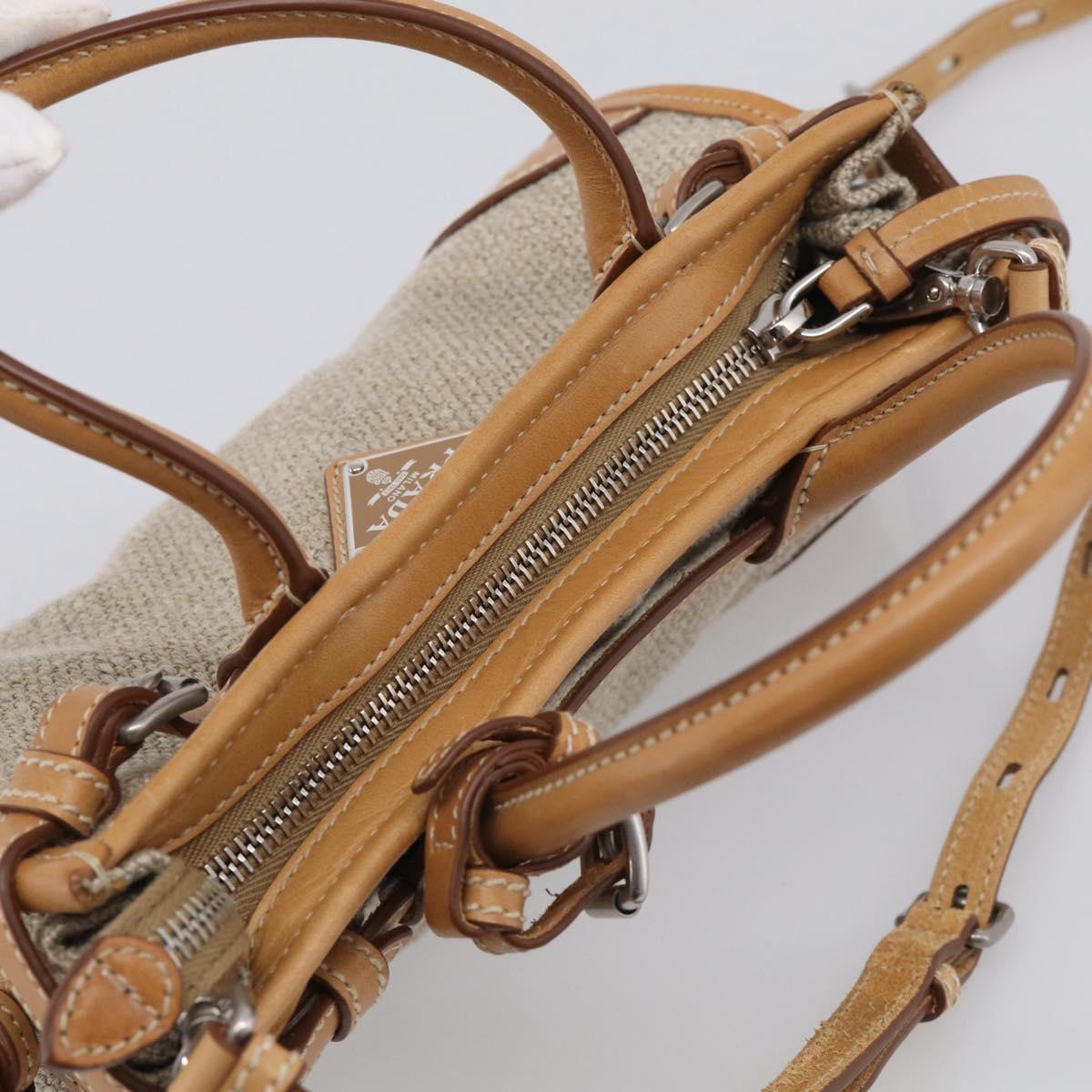 PRADA Bonnie Small Hand Bag Leather Linen 2way Beige Silver Auth 213036M