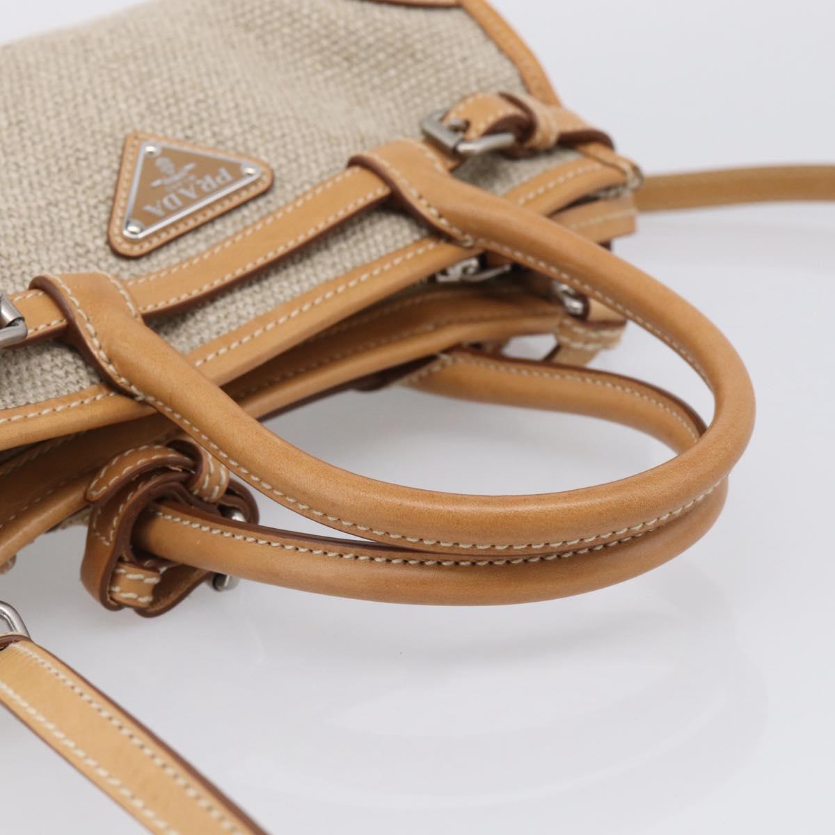 PRADA Bonnie Small Hand Bag Leather Linen 2way Beige Silver Auth 213036M