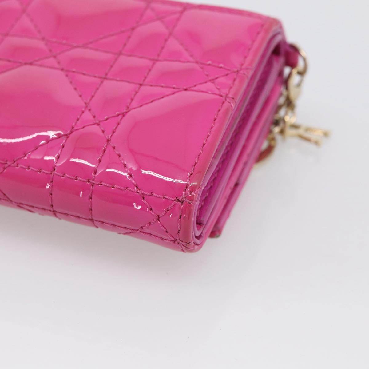 Christian Dior Canage Trifold Wallet Patent leather Pink Gold Auth 213040A