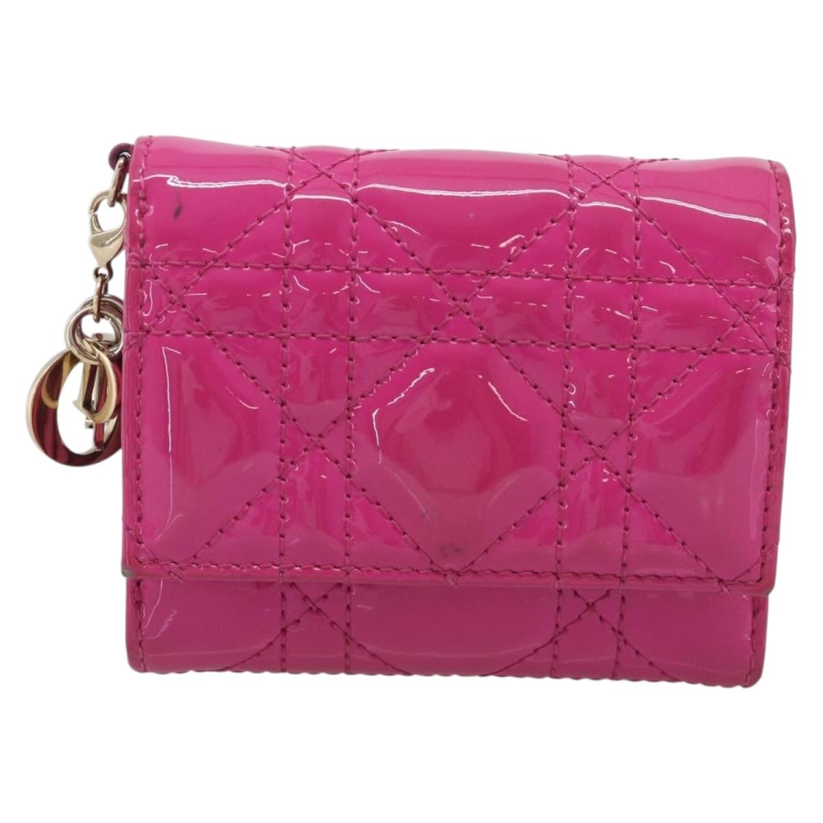 Christian Dior Canage Trifold Wallet Patent leather Pink Gold Auth 213040A