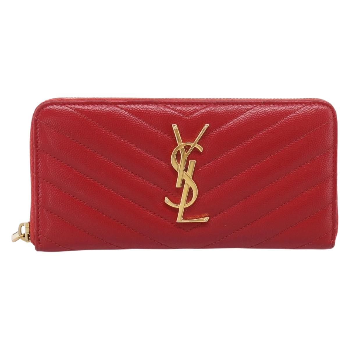 Saint Laurent Long Wallet Leather Red Gold Auth 213041
