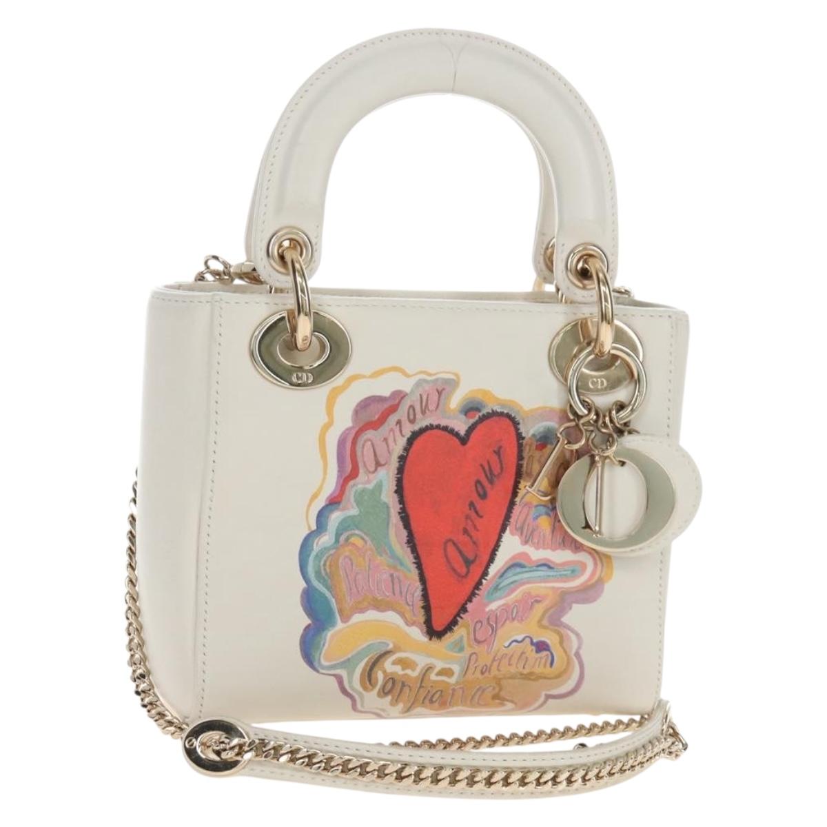 Christian Dior Lady Dior Dioramar Bag Calf Skin 2way White Gold Auth 213042M