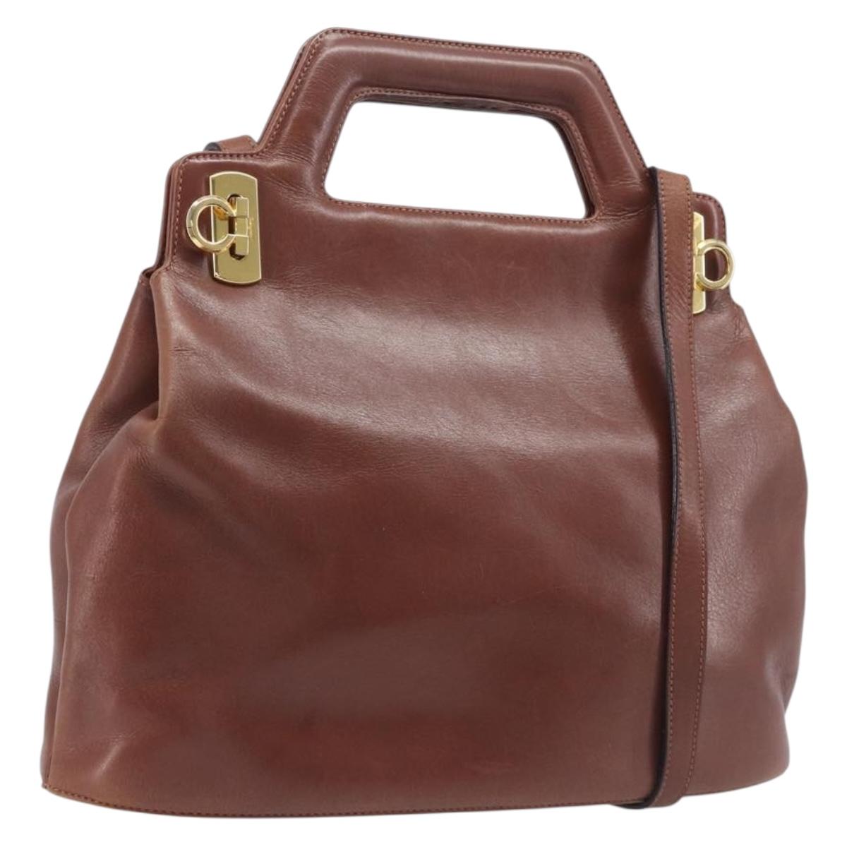 Salvatore Ferragamo Gancini Hand Bag Leather 2way Brown Gold Auth 213049