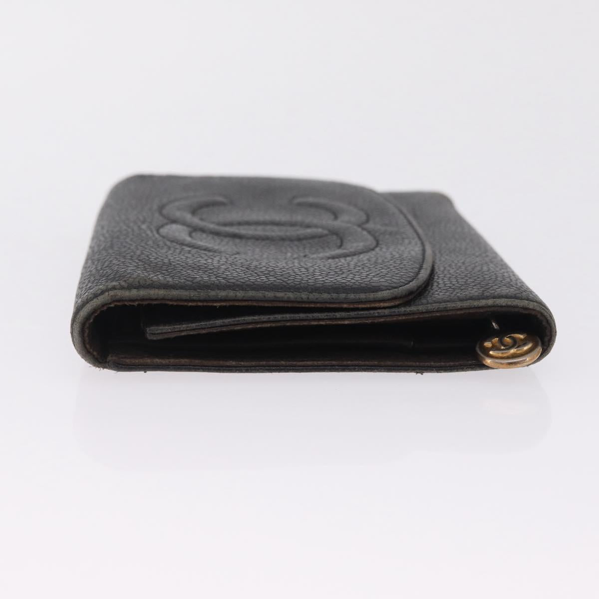 CHANEL Bifold Wallet Caviar Skin Black Gold CC Auth 213086
