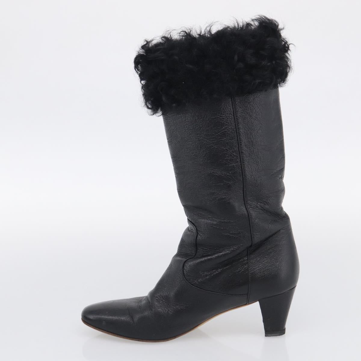 CHANEL Long Boots Leather 38 Black CC Auth 213130