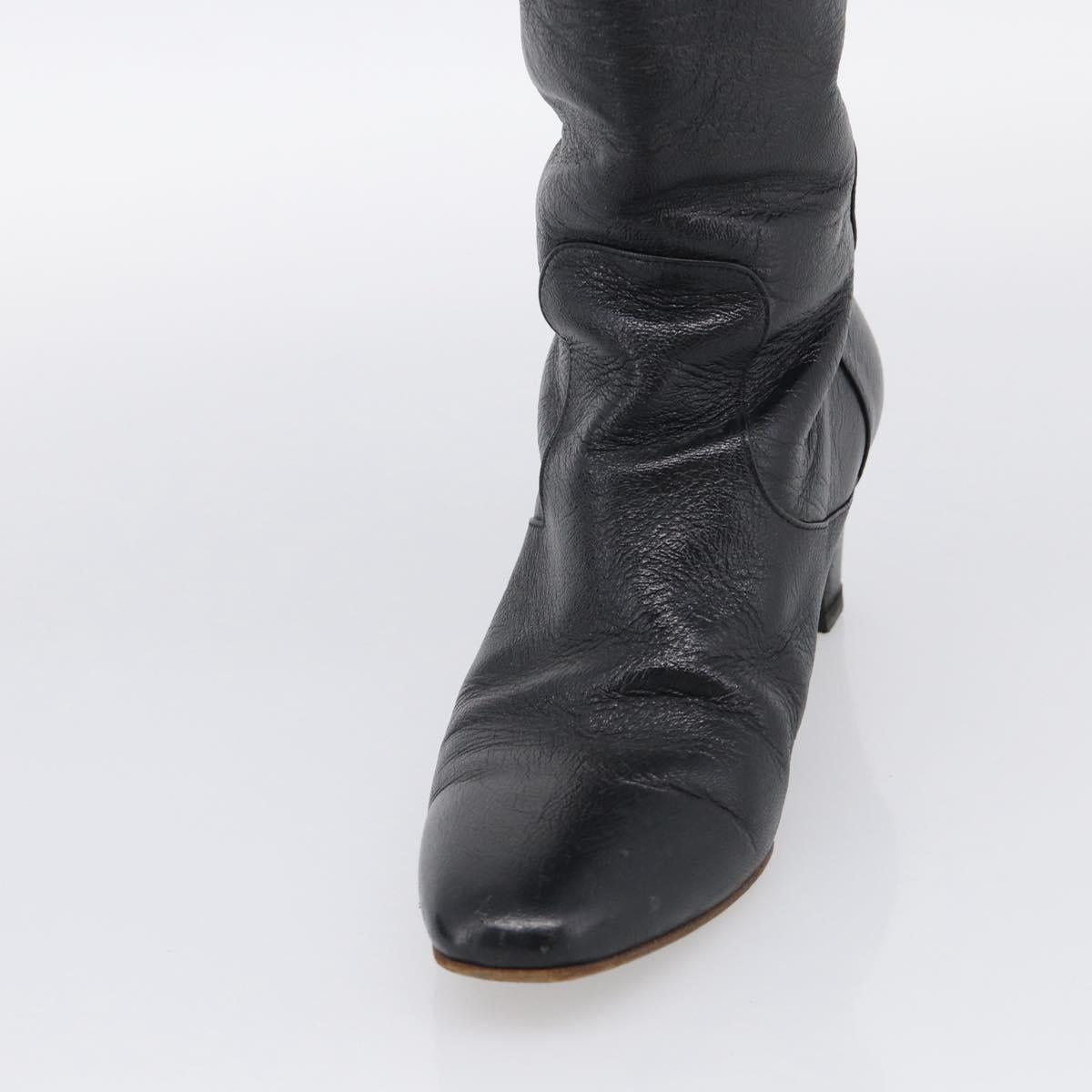 CHANEL Long Boots Leather 38 Black CC Auth 213130