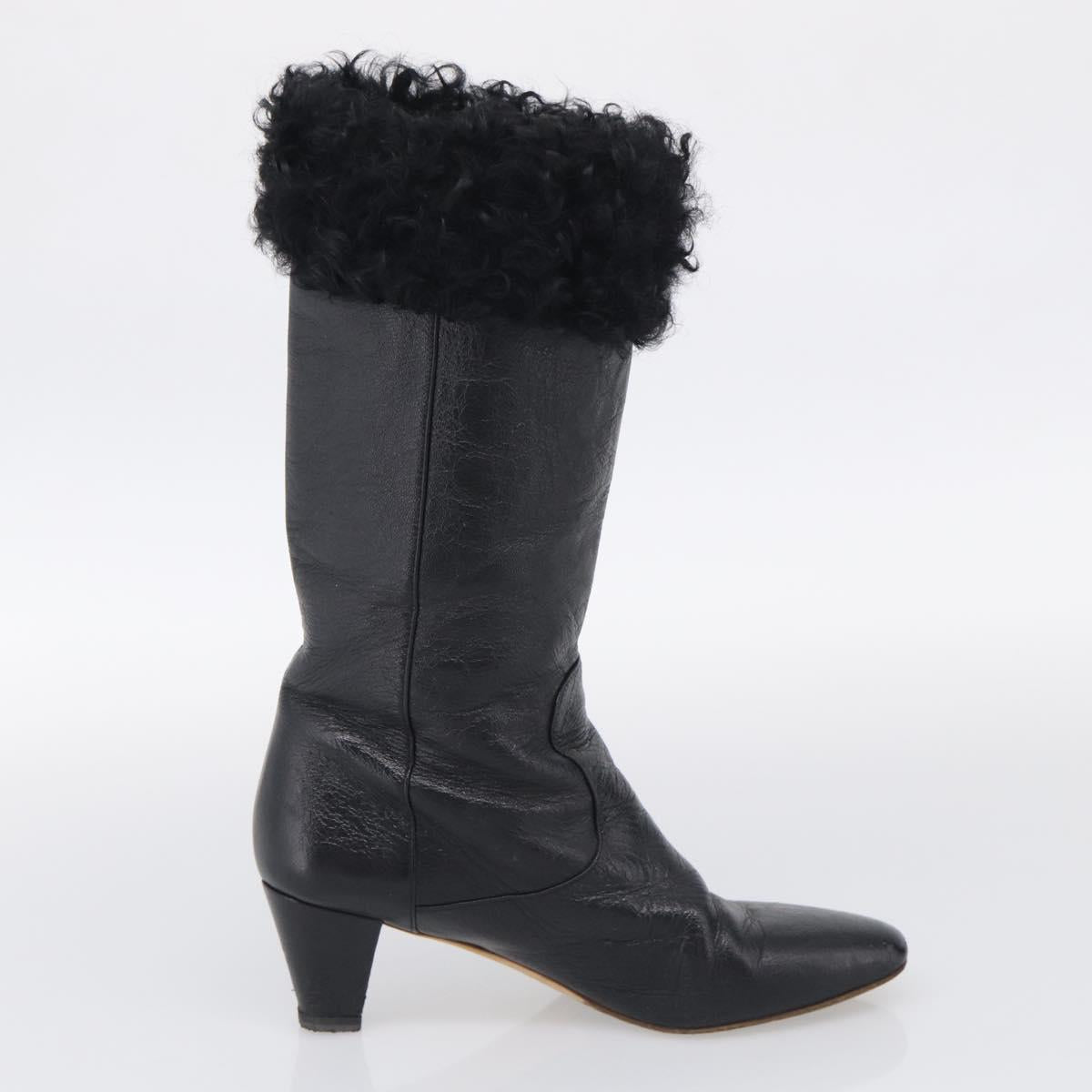 CHANEL Long Boots Leather 38 Black CC Auth 213130