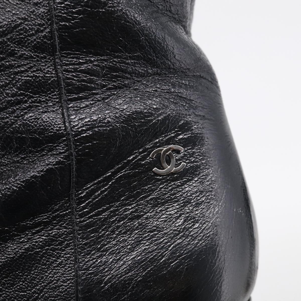 CHANEL Long Boots Leather 38 Black CC Auth 213130