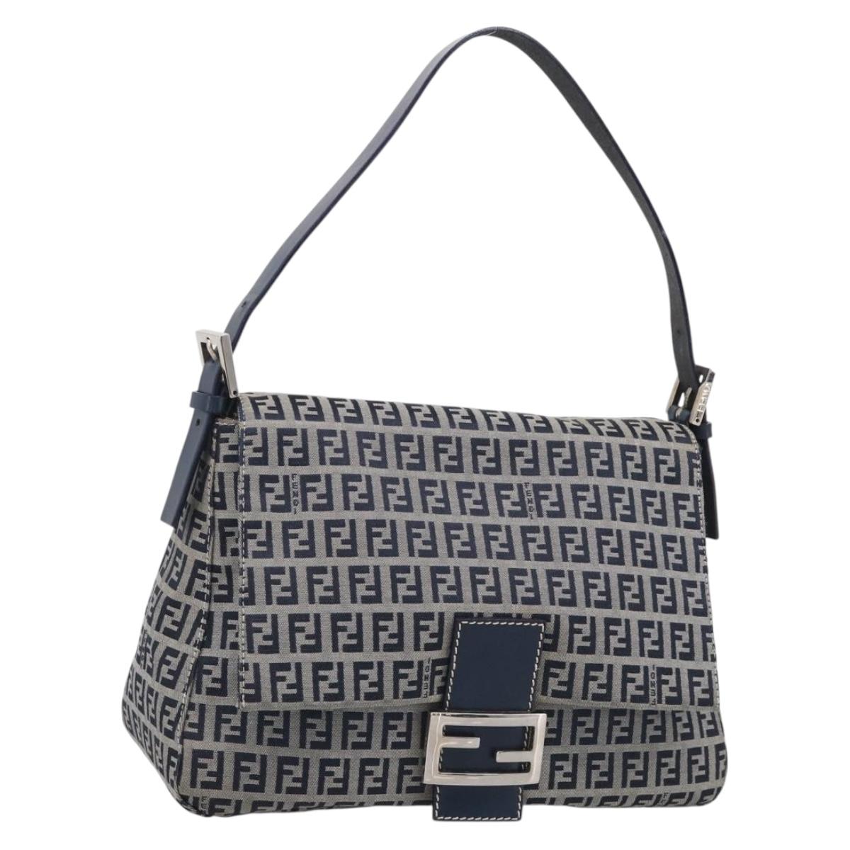 FENDI Zucchino Canvas Mamma Baguette Shoulder Bag Navy Silver Auth 213148V