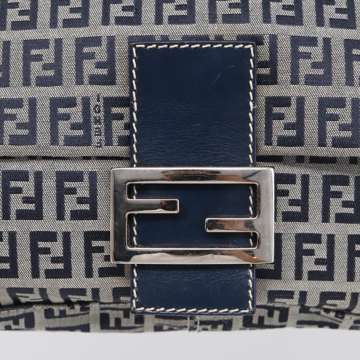 FENDI Zucchino Canvas Mamma Baguette Shoulder Bag Navy Silver Auth 213148V
