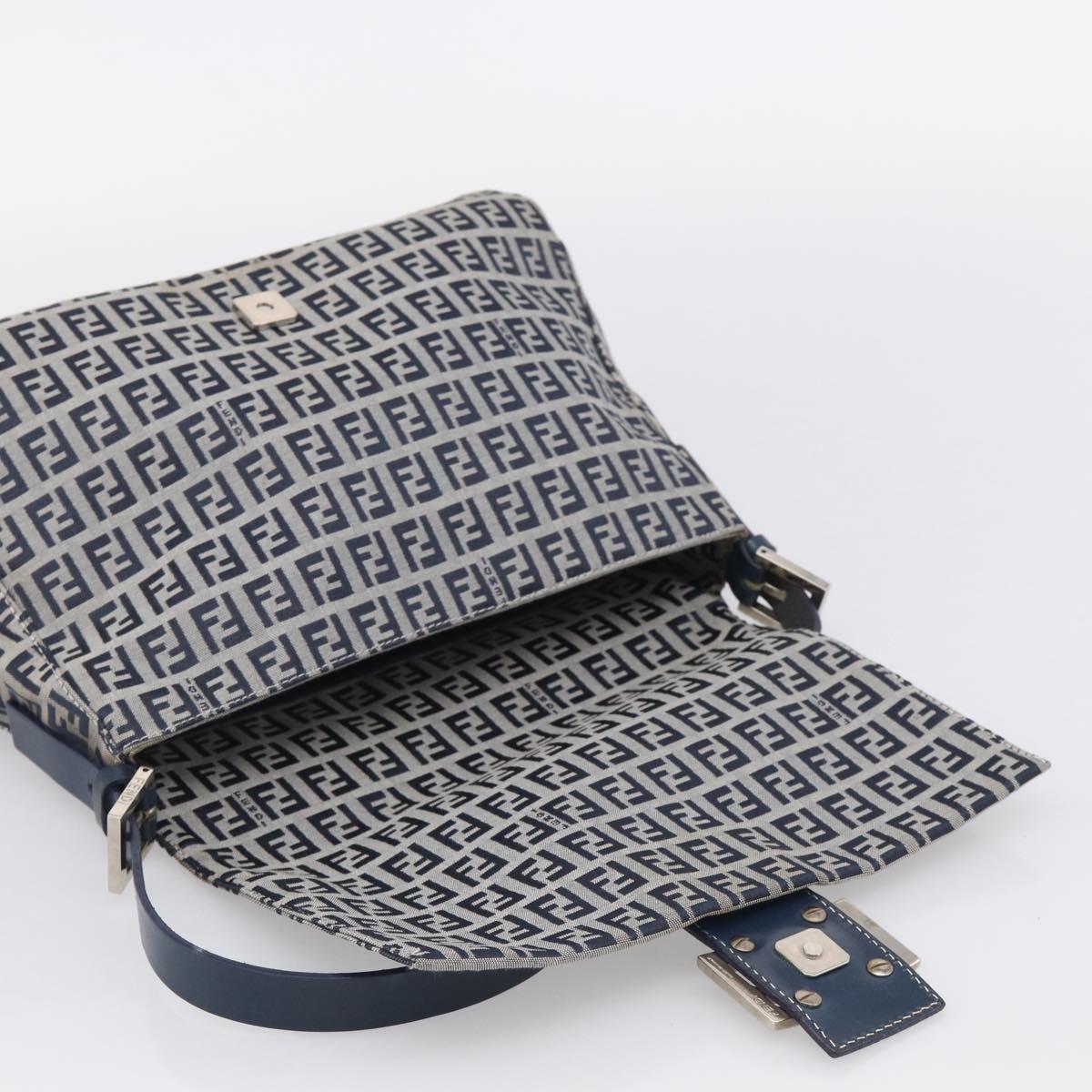 FENDI Zucchino Canvas Mamma Baguette Shoulder Bag Navy Silver Auth 213148V