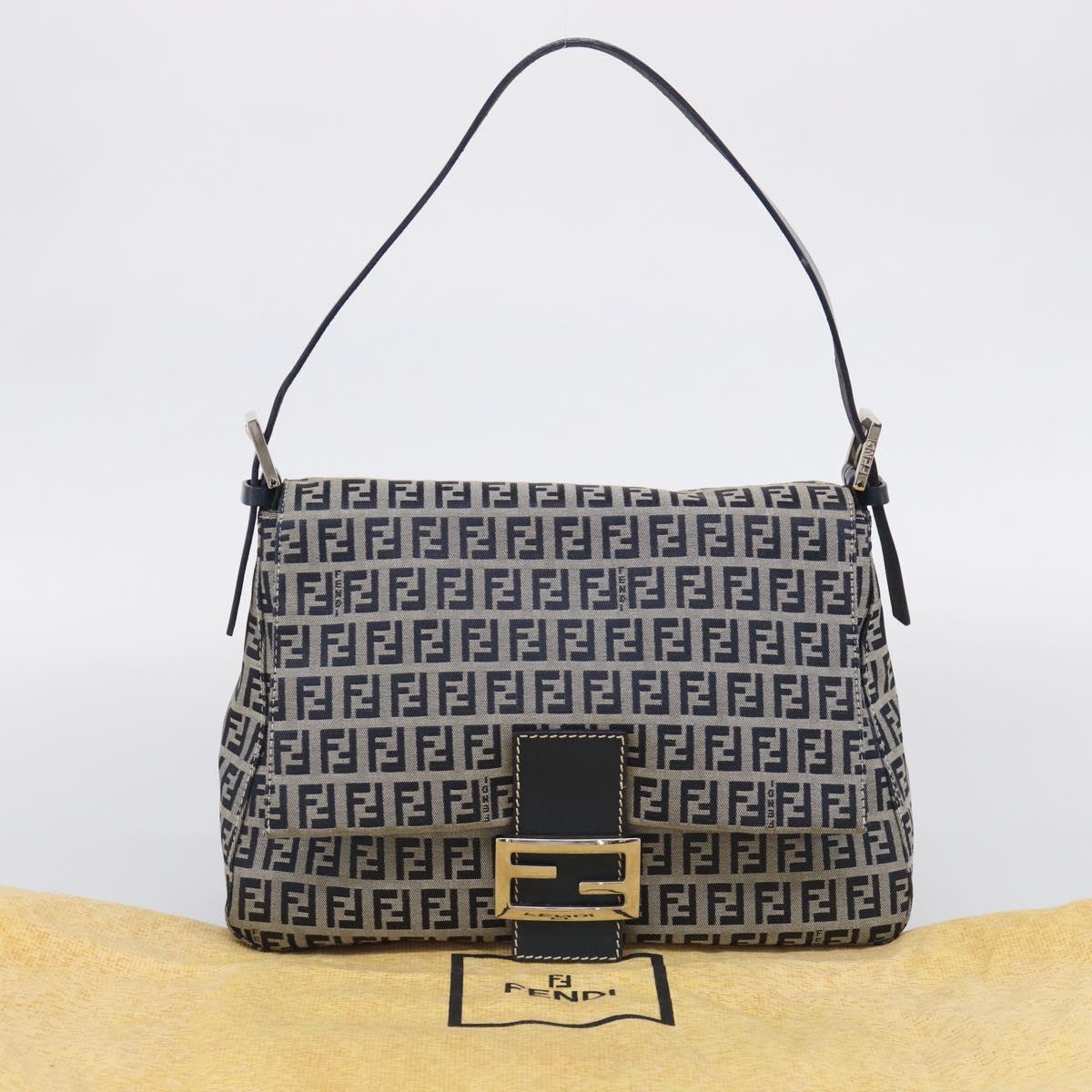 FENDI Zucchino Canvas Mamma Baguette Shoulder Bag Navy Silver Auth 213148V