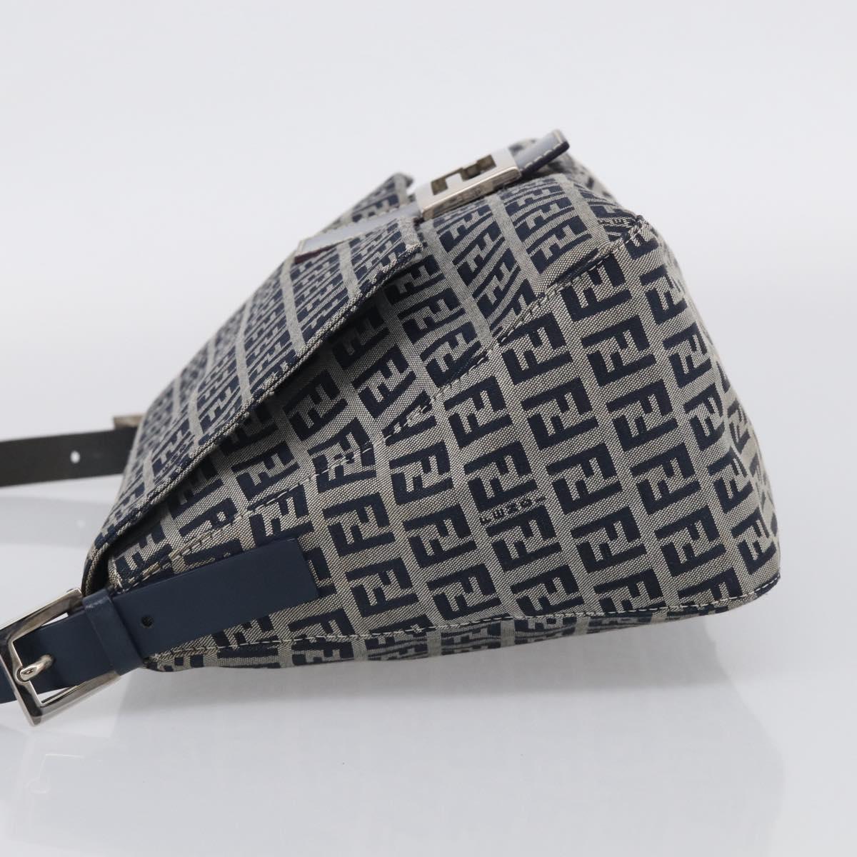 FENDI Zucchino Canvas Mamma Baguette Shoulder Bag Navy Silver Auth 213148V