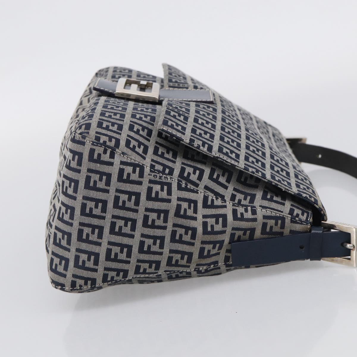 FENDI Zucchino Canvas Mamma Baguette Shoulder Bag Navy Silver Auth 213148V