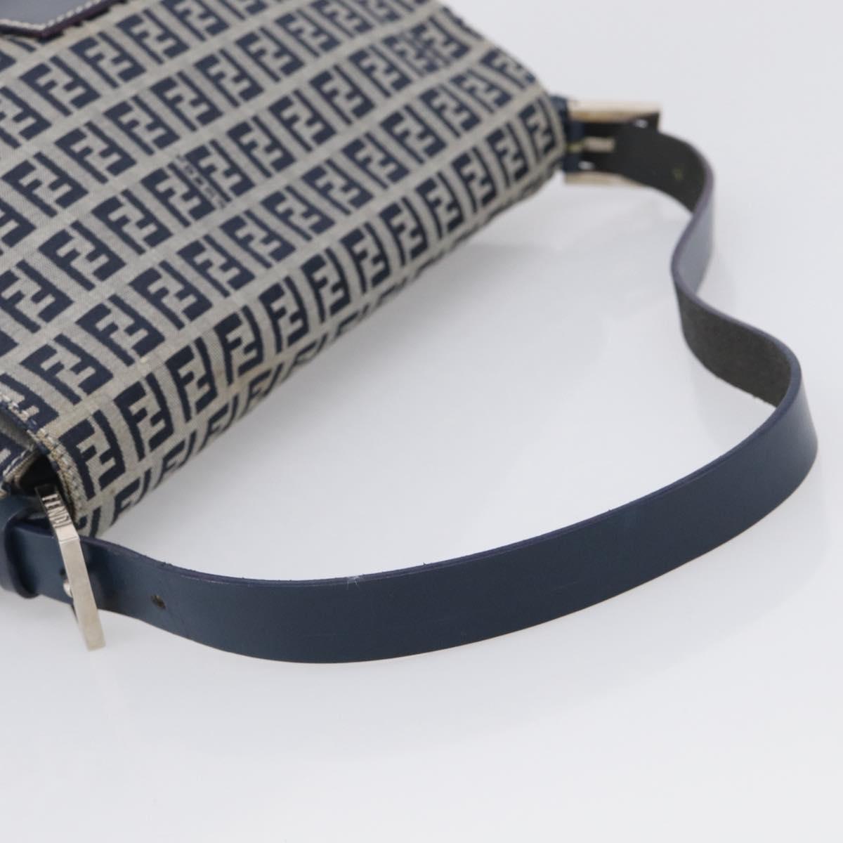 FENDI Zucchino Canvas Mamma Baguette Shoulder Bag Navy Silver Auth 213148V